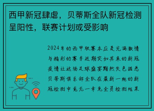 西甲新冠肆虐，贝蒂斯全队新冠检测呈阳性，联赛计划或受影响