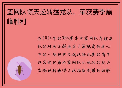 篮网队惊天逆转猛龙队，荣获赛季巅峰胜利